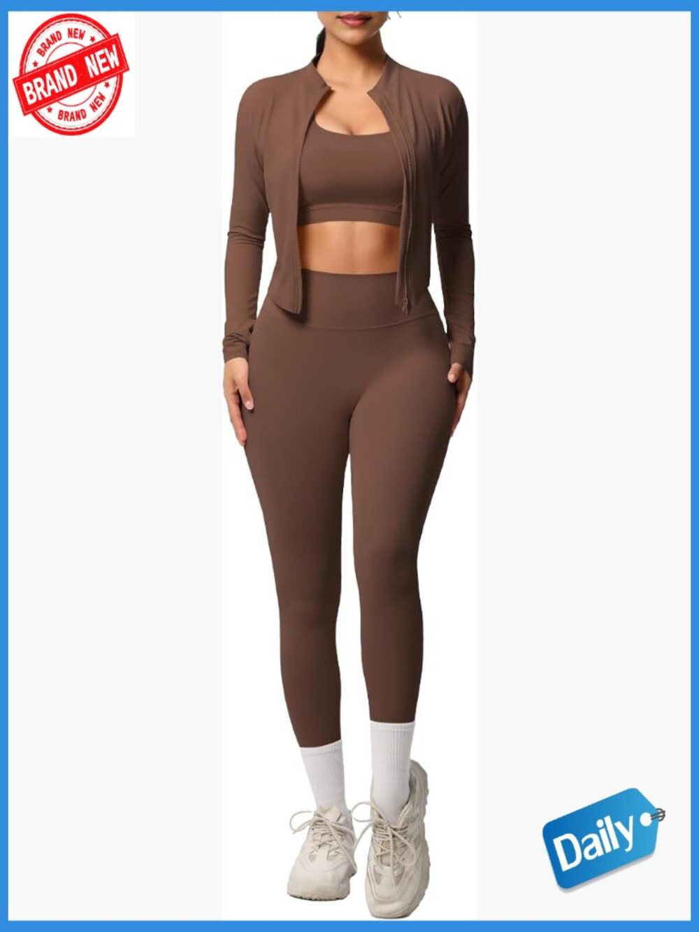 3 Piece Workout Set: Zip-Up Jacket, Sports Bra & High-Waist Leggings, Stretchy